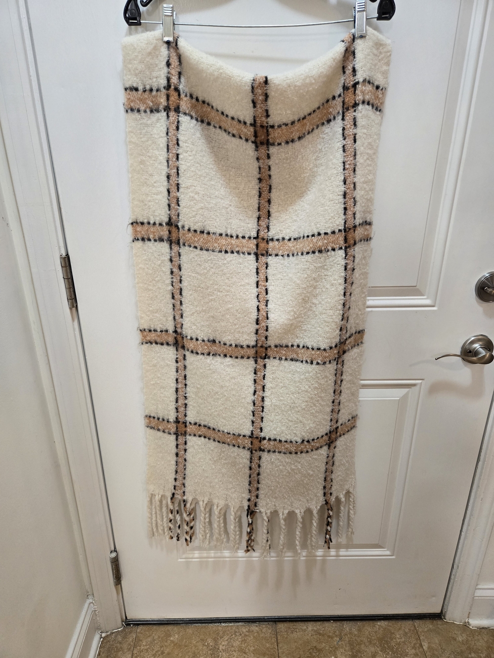 Pilcro Cream Plaid Fringe Scarf with Tan and Black Accents